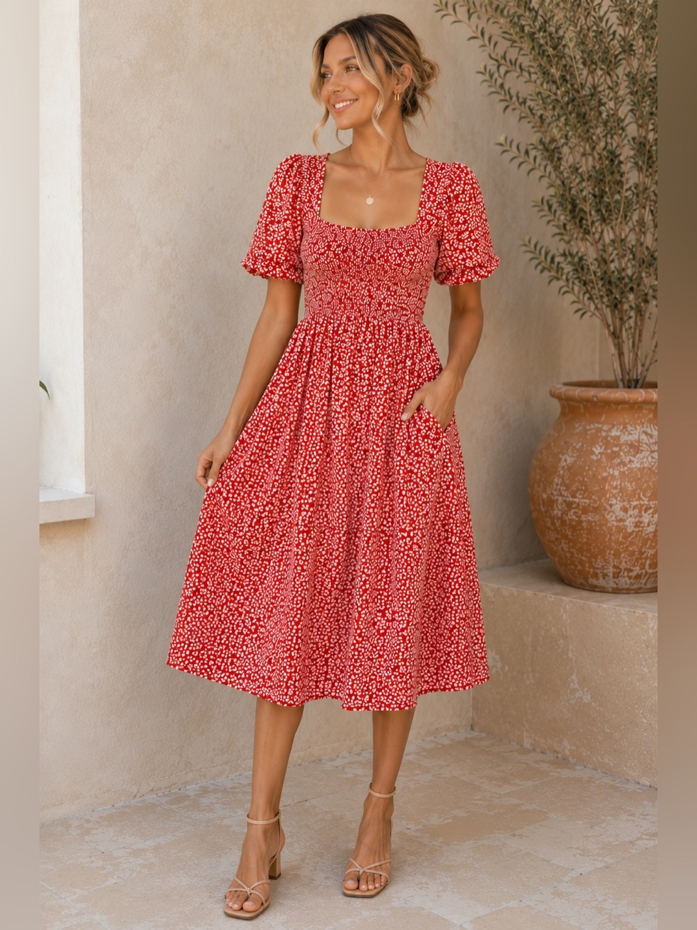 Anthropologie Red Floral Cotton Smocked Puff Sleeve Dress Size XS